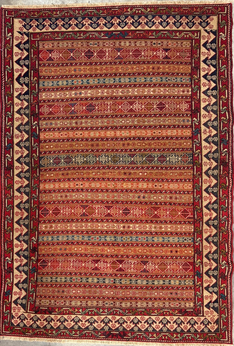 Rahra-Souma Area Rug, 4'-0" X 6'-10": Size: 4'-0" X 6'-10" Country of Origin: TRK Color: MLT Border: MLT Advertised Retail Price: $ 2200 Tag No. 11124