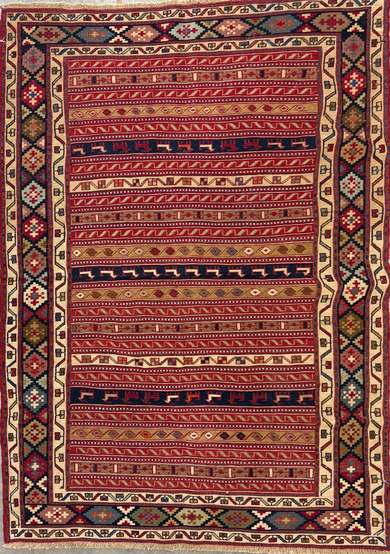 Rahra-Souma Area Rug, 4'-0" X 6'-1": Size: 4'-0" X 6'-1" Country of Origin: TRK Color: MLT Border: MLT Advertised Retail Price: $ 2200 Tag No. 11090