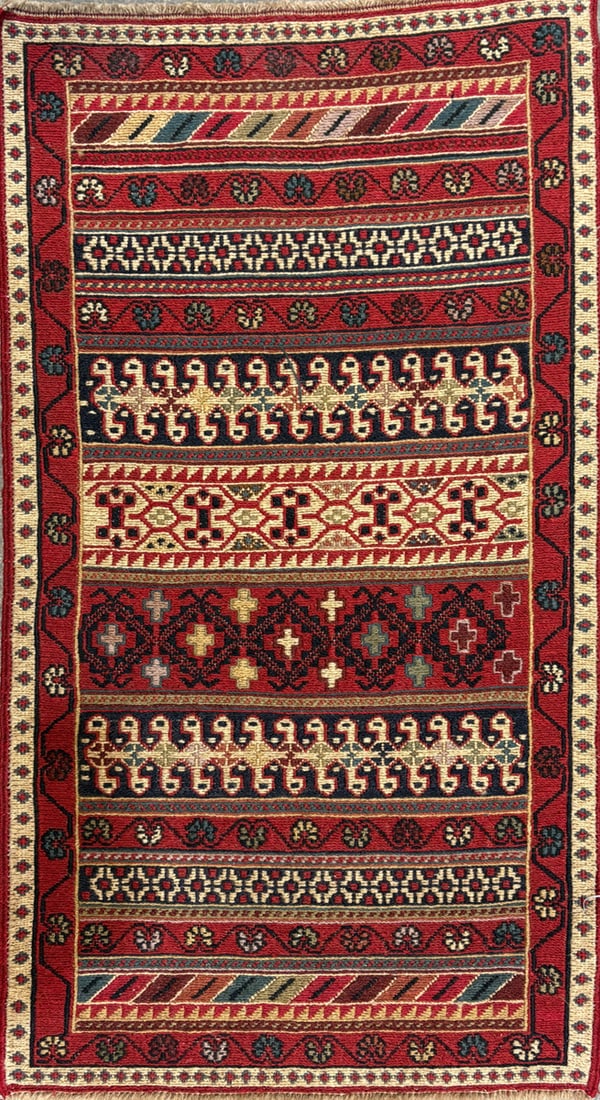 Rahra-Souma Accent Rug, 1'-10" X 3'-3": Size: 1'-10" X 3'-3" Country of Origin: TRK Color: MLT Border: MLT Advertised Retail Price: $ 850 Tag No. 11149