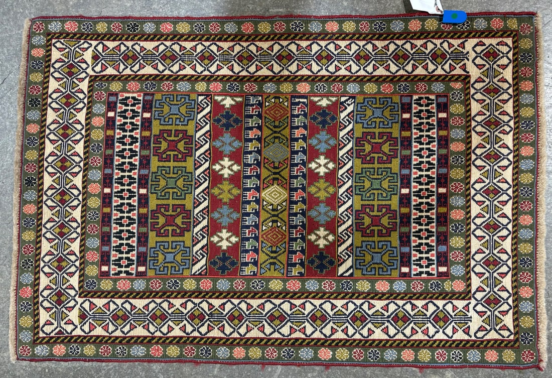 Rahra-Souma Accent Rug, 1'-11" X 2'-11": Size: 1'-11" X 2'-11" Country of Origin: TRK Color: MLT Border: IVR Advertised Retail Price: $ 850 Tag No. 11252