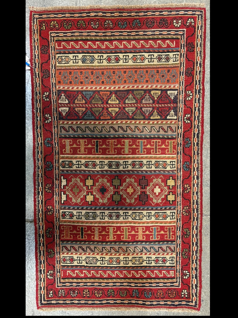 Rahra-Souma Accent Rug, 1'-9" X 3'-2": Size: 1'-9" X 3'-2" Country of Origin: TRK Color: MLT Border: MLT Advertised Retail Price: $ 850 Tag No. 11131