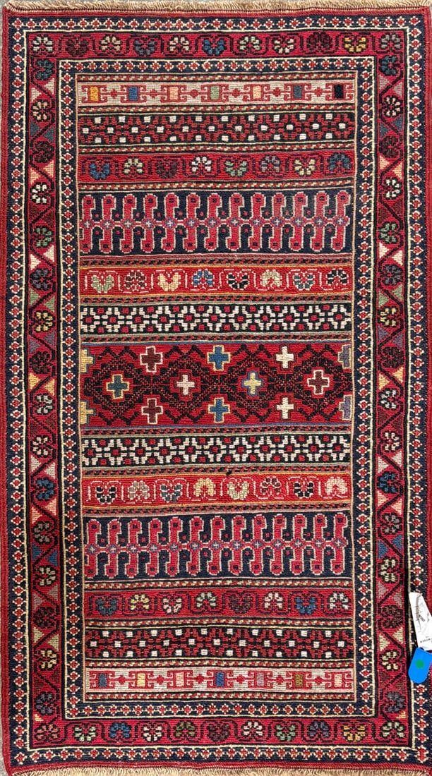 Rahra-Souma Accent Rug, 1'-9" X 3'-0": Size: 1'-9" X 3'-0" Country of Origin: TRK Color: MLT Border: MLT Advertised Retail Price: $ 850 Tag No. 11145