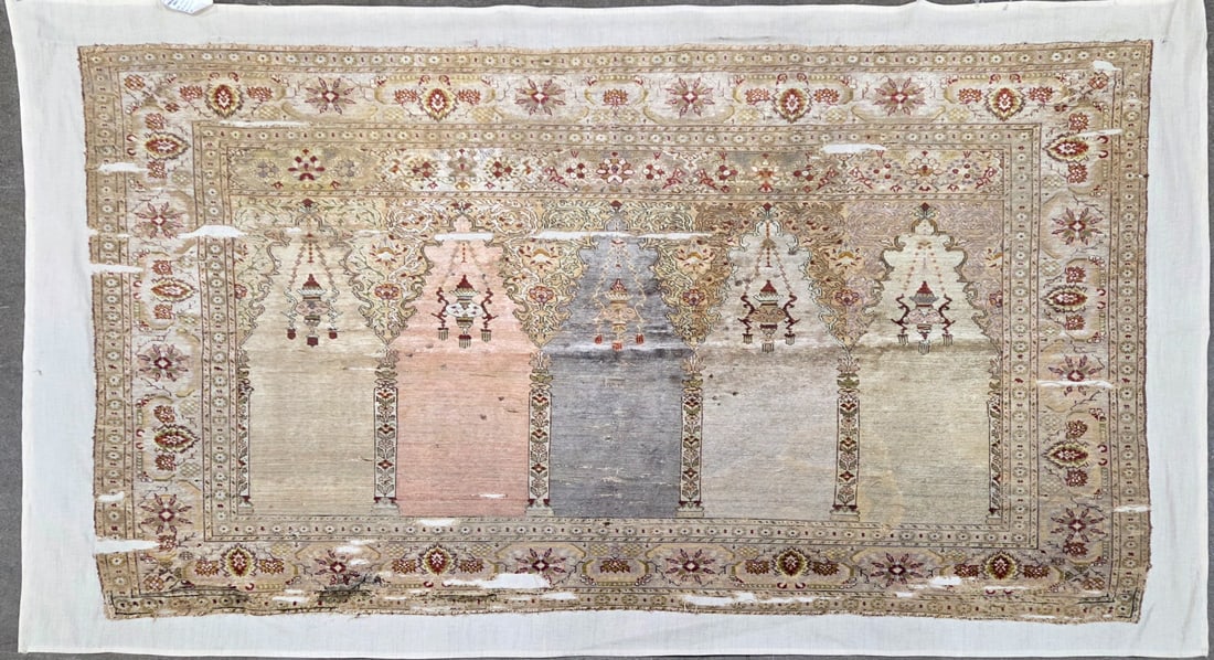 Antique Bursa Silk- Area Rug, 4'-4" X 6'-3": Size: 4'-4" X 6'-3" Country of Origin: TUR Advertised Retail Price: $ 20295 Tag No. 13362 Mounted on muslin Circa Early 19th Century by repute