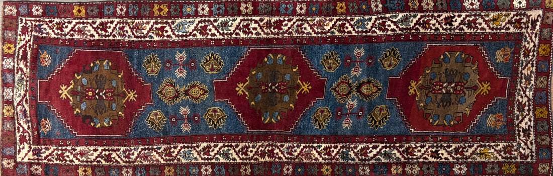Ushak - Gallery Runner, 4'-6" X 14'-2": Size: 4'-6" X 14'-2" Country of Origin: TUR Color: BLU Border: SKM Advertised Retail Price: $ 7970 Tag No. 12392 Shipping available. 