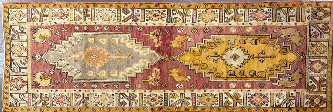 Ushak Runner, 3'-4" X 10'-5": Size: 3'-4" X 10'-5" Country of Origin: TUR Color: MLT Border: IVR Advertised Retail Price: $ 3470 Tag No. 12388 Shipping available. 
