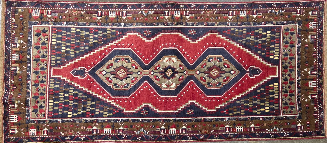 Yahyali - Geometric Runner, 3'-11" X 7'-2": Size: 3'-11" X 7'-2" Country of Origin: TUR Color: MLT Border: BRW Advertised Retail Price: $ 2810 Tag No. 11585 Shipping available. 