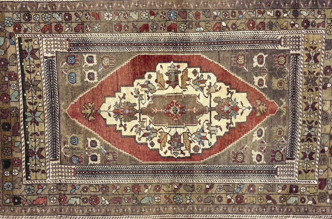 Tashpinar - Medallion Runner, 3'-11" X 6'-4": Size: 3'-11" X 6'-4" Country of Origin: TUR Color: BRS Border: BRW Advertised Retail Price: $ 2250 Tag No. 11765 Shipping available. 
