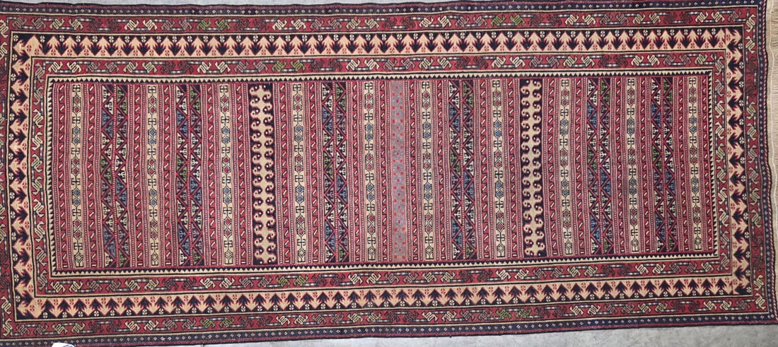 Rahra-Souma Runner, 3'-10" X 7'-0": Size: 3'-10" X 7'-0" Country of Origin: TRK Color: MLT Border: MLT Advertised Retail Price: $ 2200 Tag No. 11066 Shipping available. 