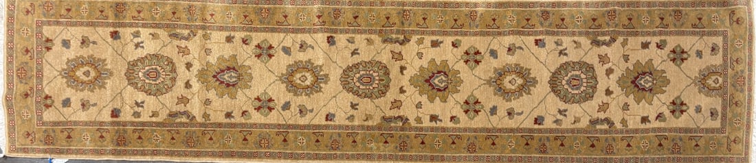 Ushak Narrow Runner, 2'-9" X 12'-3": Size: 2'-9" X 12'-3" Country of Origin: TUR Color: BGE Border: GRN Advertised Retail Price: $ 2185 Tag No. 11930 Shipping available. 