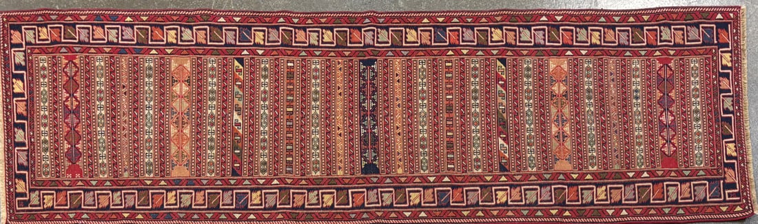 Rahra Narrow Runner, 2'-7" X 9'-1": Size: 2'-7" X 9'-1" Country of Origin: TRK Color: MLT Border: MLT Advertised Retail Price: $ 2200 Tag No. 11219 Shipping available. 