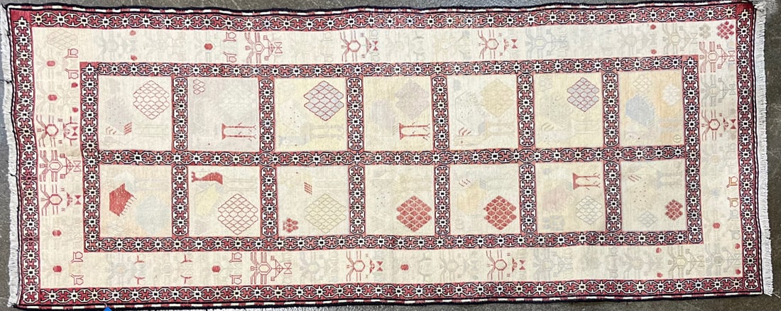 Silk Soumak- Narrow Runner, 2'-7" X 6'-5": Size: 2'-7" X 6'-5" Country of Origin: TRK Color: IVR Border: IVR Advertised Retail Price: $ 1450 Tag No. 11327 Shipping available. 