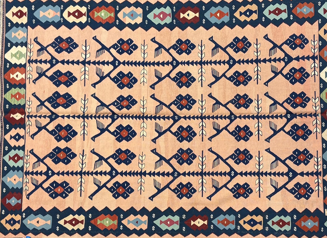 D.kilim - Kilim Area Rug, 6'-8" X 9'-4": Size: 6'-8" X 9'-4" Country of Origin: TUR Color: SKM Border: NAV Advertised Retail Price: $ 1950 Tag No. 11982 Shipping available. 