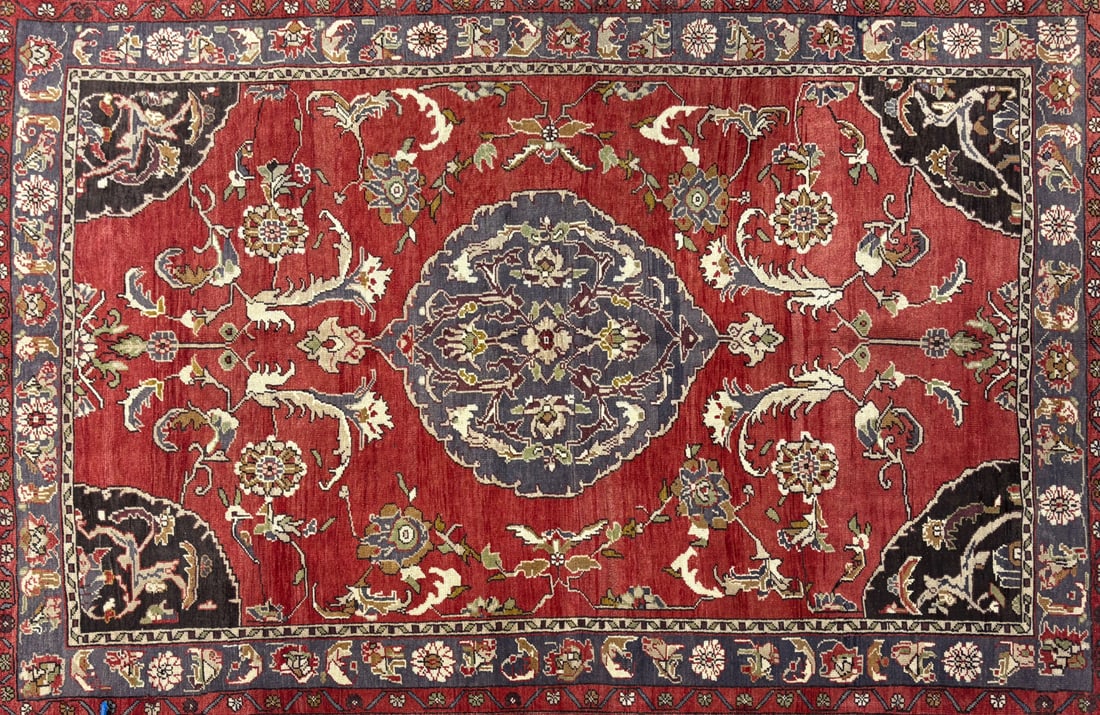 Ushak - Medallion Area Rug, 5'-8" X 8'-8": Size: 5'-8" X 8'-8" Country of Origin: TUR Color: BRN Border: BLU Advertised Retail Price: $ 4950 Tag No. 11921 Shipping available. 
