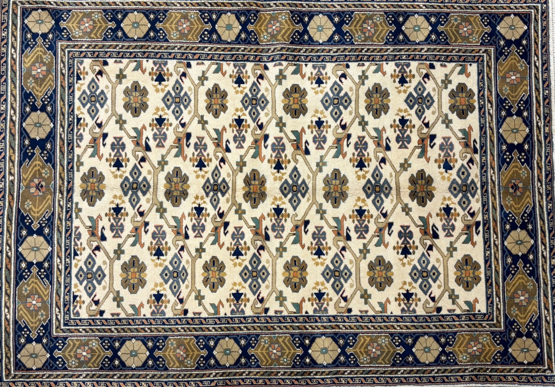 Milas-All Ove Area Rug, 5'-6" X 7'-7": Size: 5'-6" X 7'-7" Country of Origin: TUR Color: IVR Border: BRG Advertised Retail Price: $ 1450 Tag No. 10796 Shipping available. 