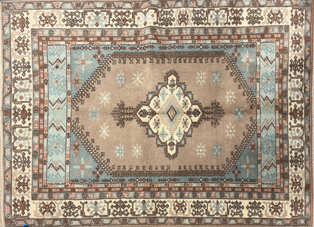 Milas-Gabbeh Area Rug, 5'-2" X 7'-1": Size: 5'-2" X 7'-1" Country of Origin: TUR Color: SKM Border: IVR Advertised Retail Price: $ 1450 Tag No. 10757 Shipping available.