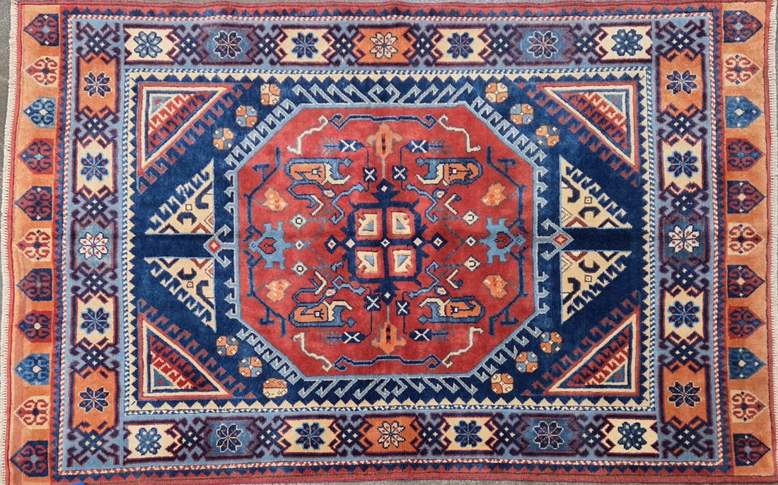 Milas - Geometric Area Rug, 4'-9" X 6'-0": Size: 4'-9" X 6'-0" Country of Origin: TUR Color: DB Border: MLT Advertised Retail Price: $ 950 Tag No. 10762 Shipping available.