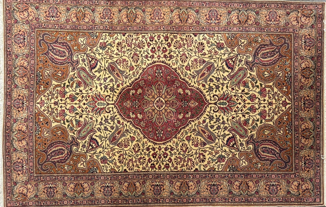 Cappadocia-M Area Rug, 4'-8" X 7'-2": Size: 4'-8" X 7'-2" Country of Origin: TUR Color: IVR Border: MLT Advertised Retail Price: $ 4500 Tag No. 10226 Shipping available.