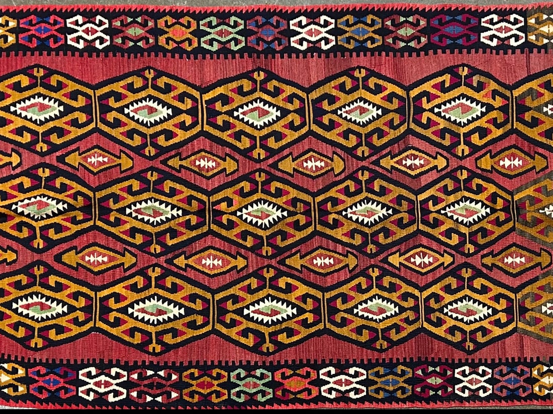 Sivas - Kilim Area Rug, 4'-7" X 9'-1": Size: 4'-7" X 9'-1" Country of Origin: TUR Color: RED Border: BLU Advertised Retail Price: $ 2324 Tag No. 12021 Shipping available. 