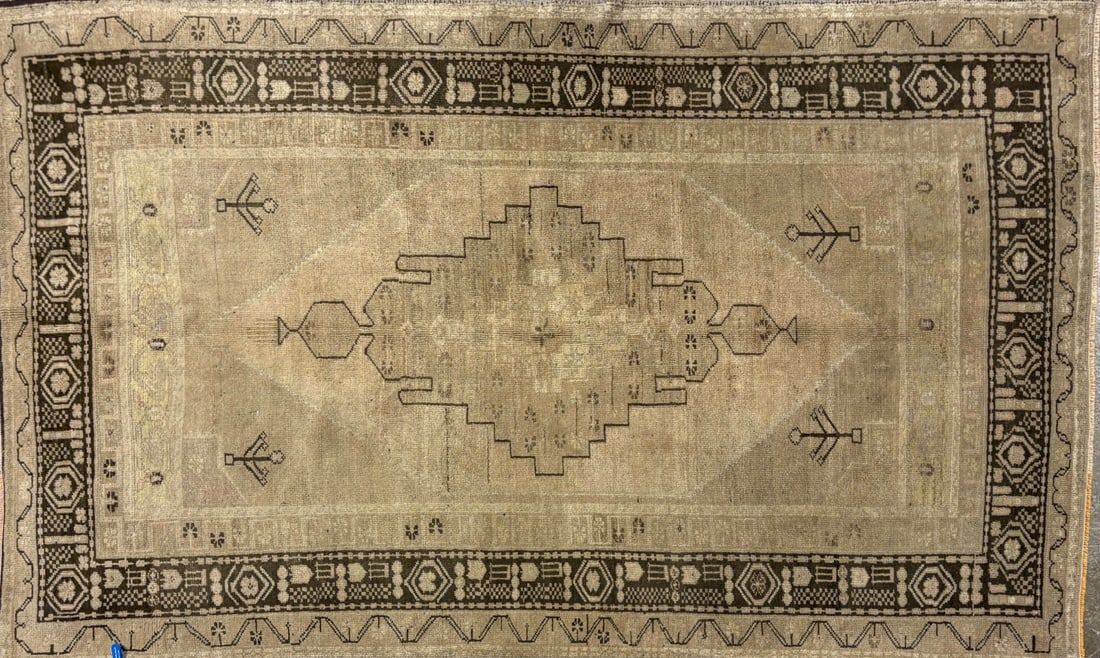 Konya - Geometric Area Rug, 4'-6" X 7'-3": Size: 4'-6" X 7'-3" Country of Origin: TUR Color: SND Border: BRW Advertised Retail Price: $ 2280 Tag No. 11648 Shipping available.