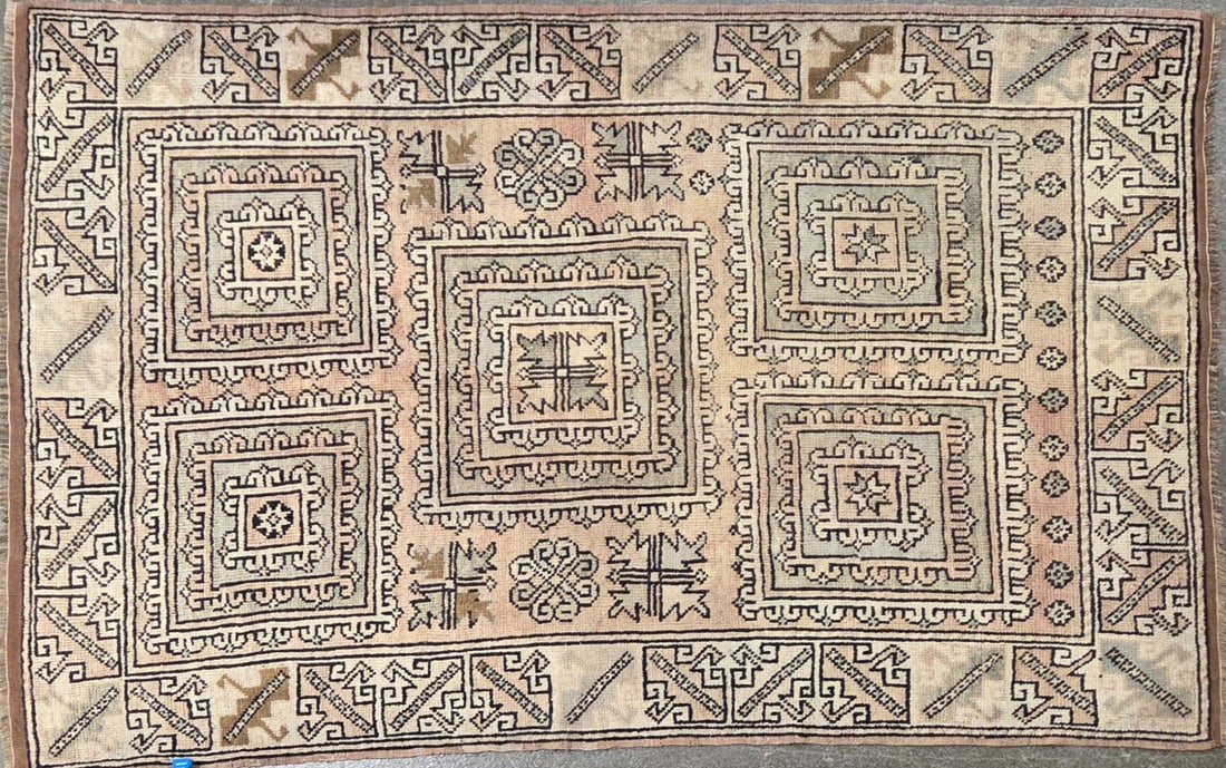 Konya - Geometric Area Rug, 4'-5" X 6'-1": Size: 4'-5" X 6'-1" Country of Origin: TUR Color: MLT Border: SND Advertised Retail Price: $ 2685 Tag No. 11647 Shipping available.