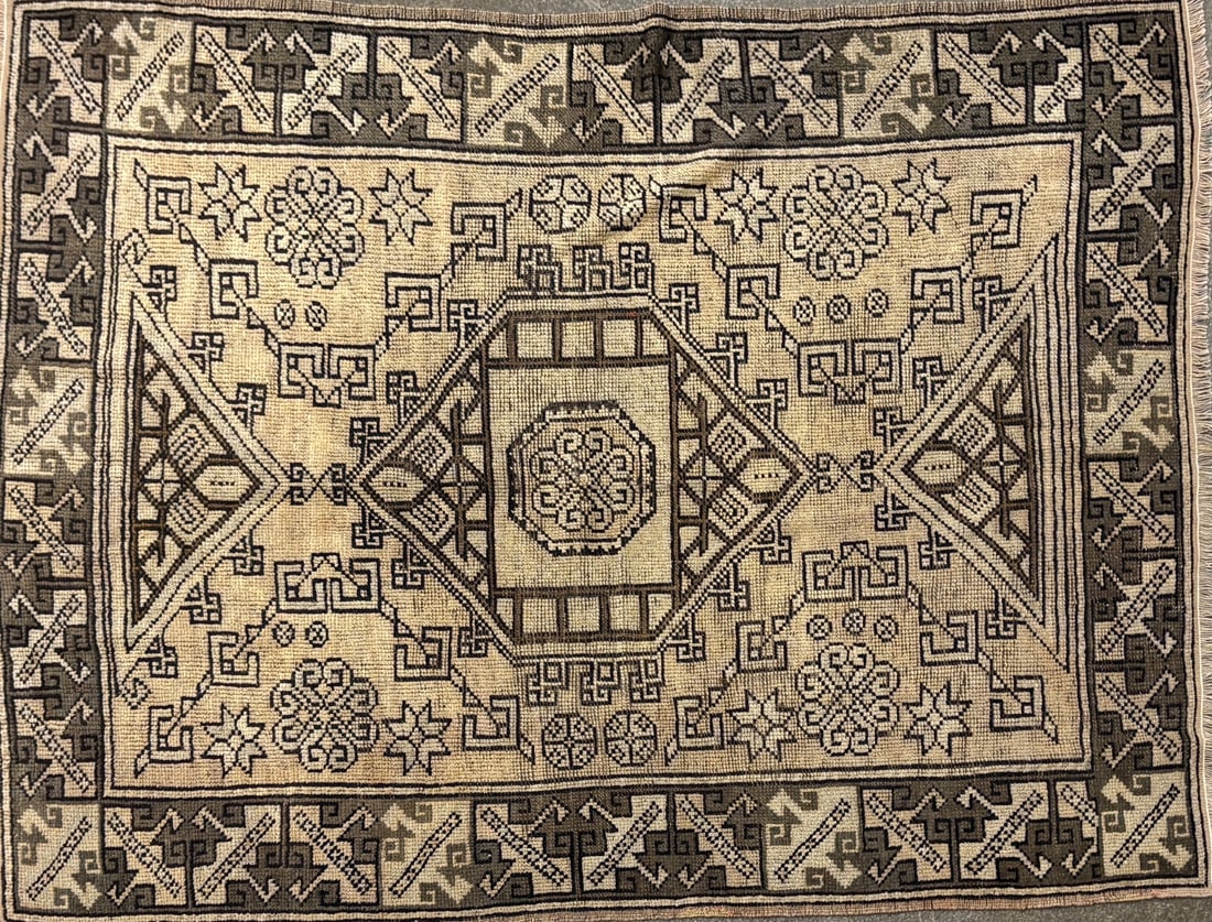 Konya - Geometric Area Rug, 4'-3" X 5'-7": Size: 4'-3" X 5'-7" Country of Origin: TUR Color: SND Border: BRW Advertised Retail Price: $ 2370 Tag No. 11646 Shipping available.