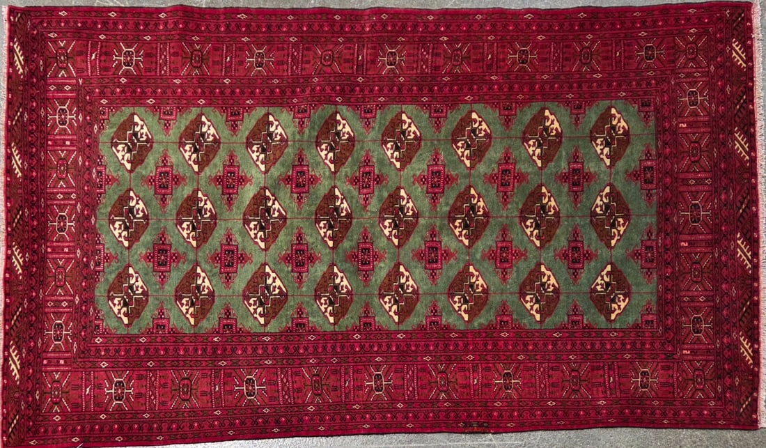 Bokhara - Geometric Area Rug, 4'-2" X 6'-1": Size: 4'-2" X 6'-1" Country of Origin: TRK Color: GRN Border: GRN Advertised Retail Price: $ 1265 Tag No. 12550 Shipping available.