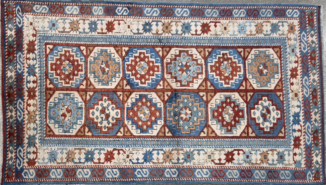 Balikesir - Geometric Area Rug, 4'-2" X 5'-10": Size: 4'-2" X 5'-10" Country of Origin: TUR Color: ORG Border: IVR Advertised Retail Price: $ 950 Tag No. 11746 Shipping available.