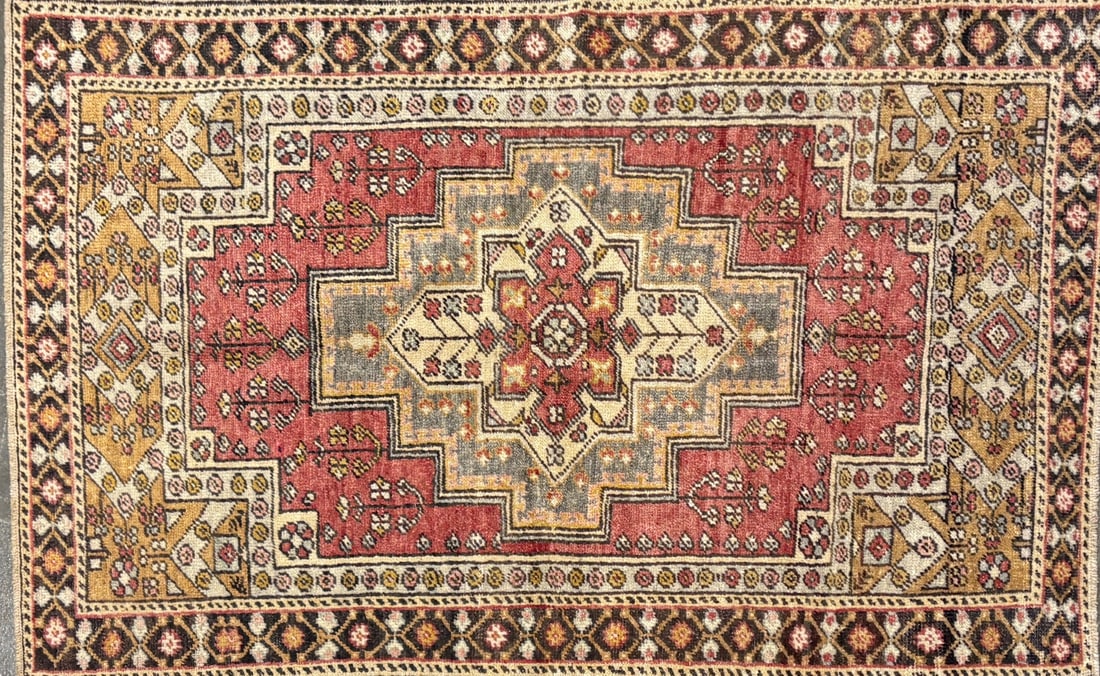 Konya - Geometric Area Rug, 4'-11" X 6'-4": Size: 4'-11" X 6'-4" Country of Origin: TUR Color: MLT Border: BRW Advertised Retail Price: $ 3110 Tag No. 11564 Shipping available.