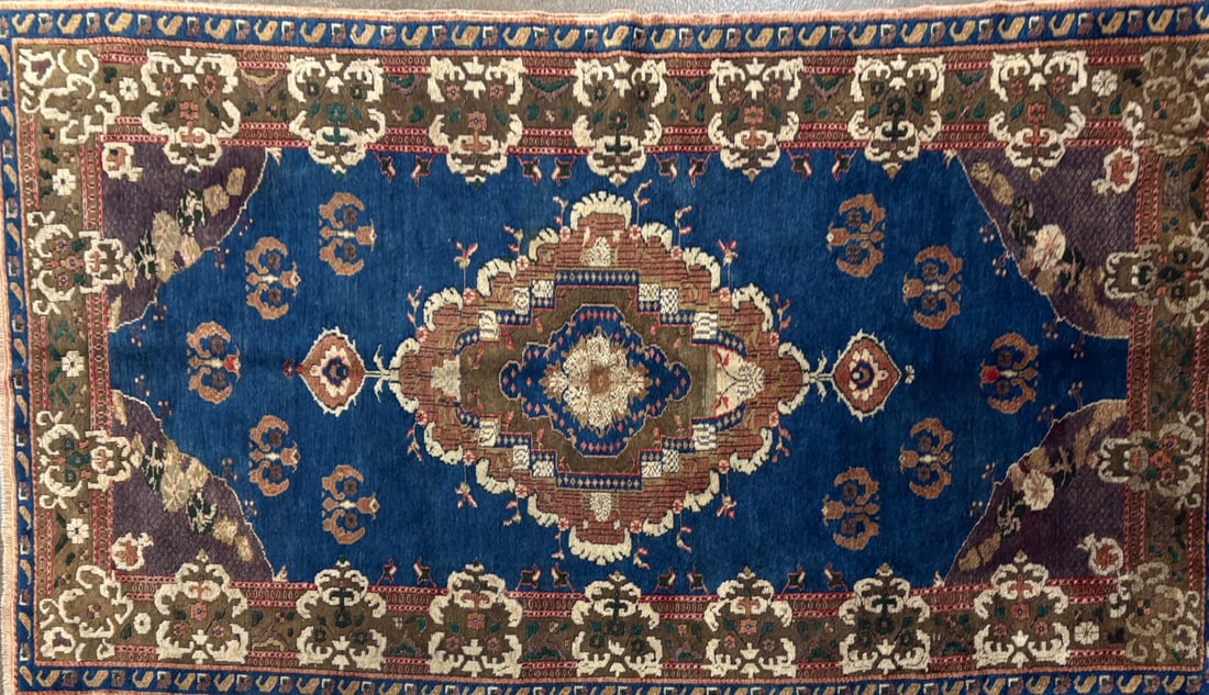 Ushak - Medallion Area Rug, 4'-11" X 8'-11": Size: 4'-11" X 8'-11" Country of Origin: TUR Color: BLU Border: MLT Advertised Retail Price: $ 5560 Tag No. 11899 Shipping available.