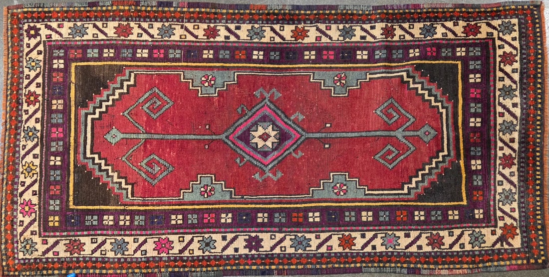 Konya - Geometric Area Rug, 4'-1" X 7'-1": Size: 4'-1" X 7'-1" Country of Origin: TUR Color: BRS Border: IVR Advertised Retail Price: $ 3610 Tag No. 11623 Shipping available.