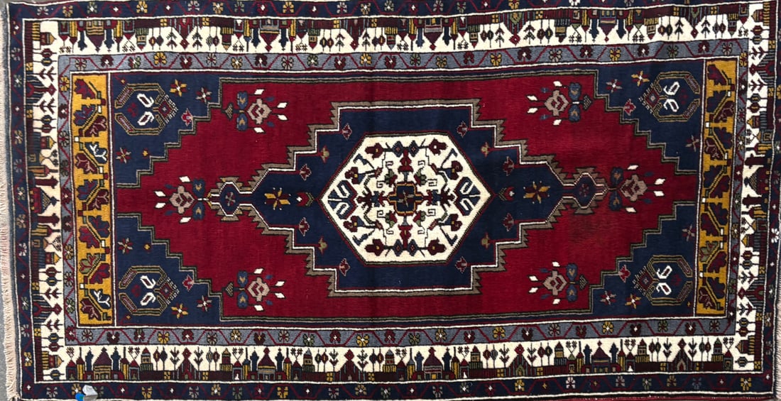 Yahyali - Medallion Area Rug, 3'-8" X 7'-3": Size: 3'-8" X 7'-3" Country of Origin: TUR Color: BRG Border: MLT Advertised Retail Price: $ 2390 Tag No. 11738 Shipping available. 