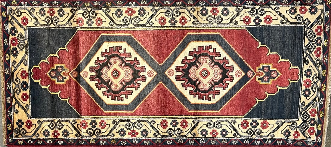 Konya - Geometric Area Rug, 3'-4" X 7'-5": Size: 3'-4" X 7'-5" Country of Origin: TUR Color: RED Border: BGE Advertised Retail Price: $ 1450 Tag No. 11684 Shipping available. 