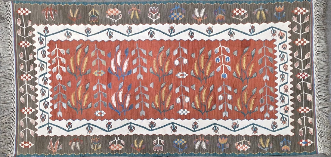 Antique Aydin Kilim- Accent Rug, 3'-10" X 5'-9": Size: 3'-10" X 5'-9" Country of Origin: TUR Advertised Retail Price: $ 2750 Tag No. 13322 Early 20th Century by repute Shipping available.