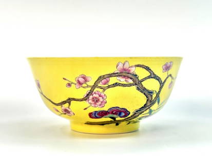 20th Century Enamel Plum Blossom Bowl: 20th century, yellow glazed porcelain with enameled painting,D:13cm