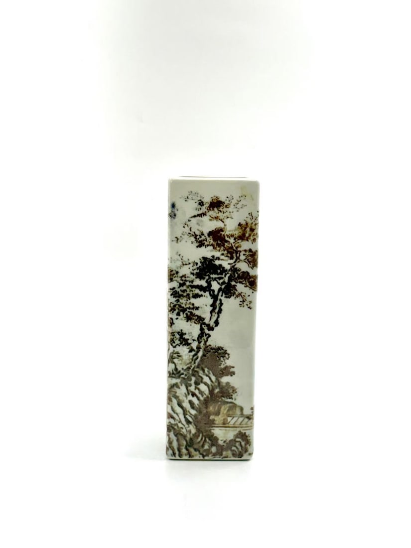 Japanese square Ikabala vase: Hand painted with landscape and fishermen and boat under cliff. H:24cmSigned at bottom