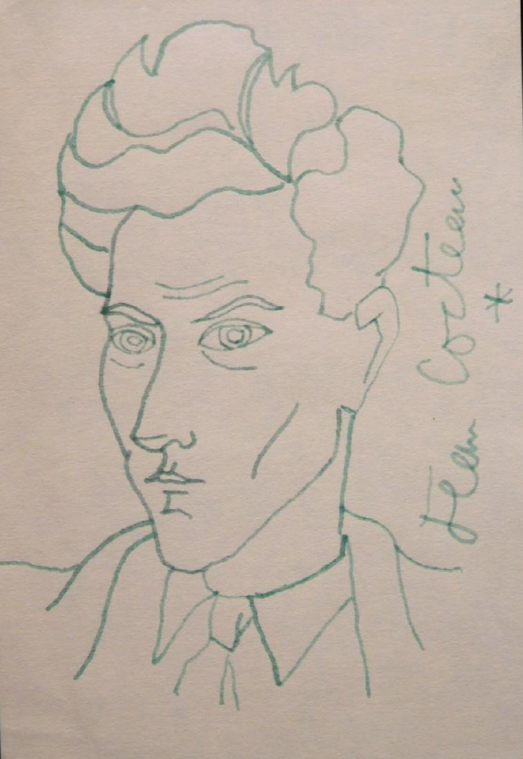 Manner of Jean Cocteau: Self-Portrait Drawing: Manner of Jean Cocteau (1889-1963): Self-Portrait, signed. Drawing in green ink on buff bond paper. A rare work depicting the master poet and surrealist filmmaker Jean Cocteau. Unframed. Dimensions: 8