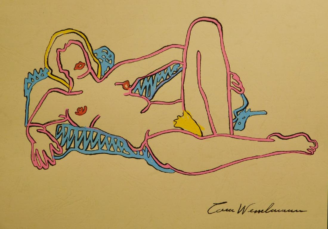 Manner of Tom Wesselmann: Reclining Blonde Nude: Manner of Tom Wesselmann: Reclining Blonde Nude, ink and tempera drawing on textured buff paper, card-weight, signed and unframed 8.25x11.75 in. paper Size: 8.25x11.75 in. paper
