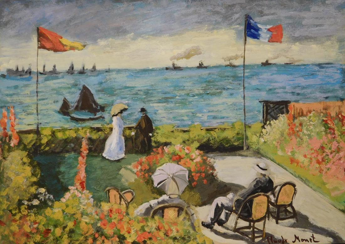 Claude Monet: Terrace at St. Adresse: Claude Monet (French, 1840-1926) Manner of: Terrace at St. Adresse. Tempera on paper, signed lower right, unframed. Fine Art Certificate of Authenticity accompanies this work.size: 7.5 x 10.25"
