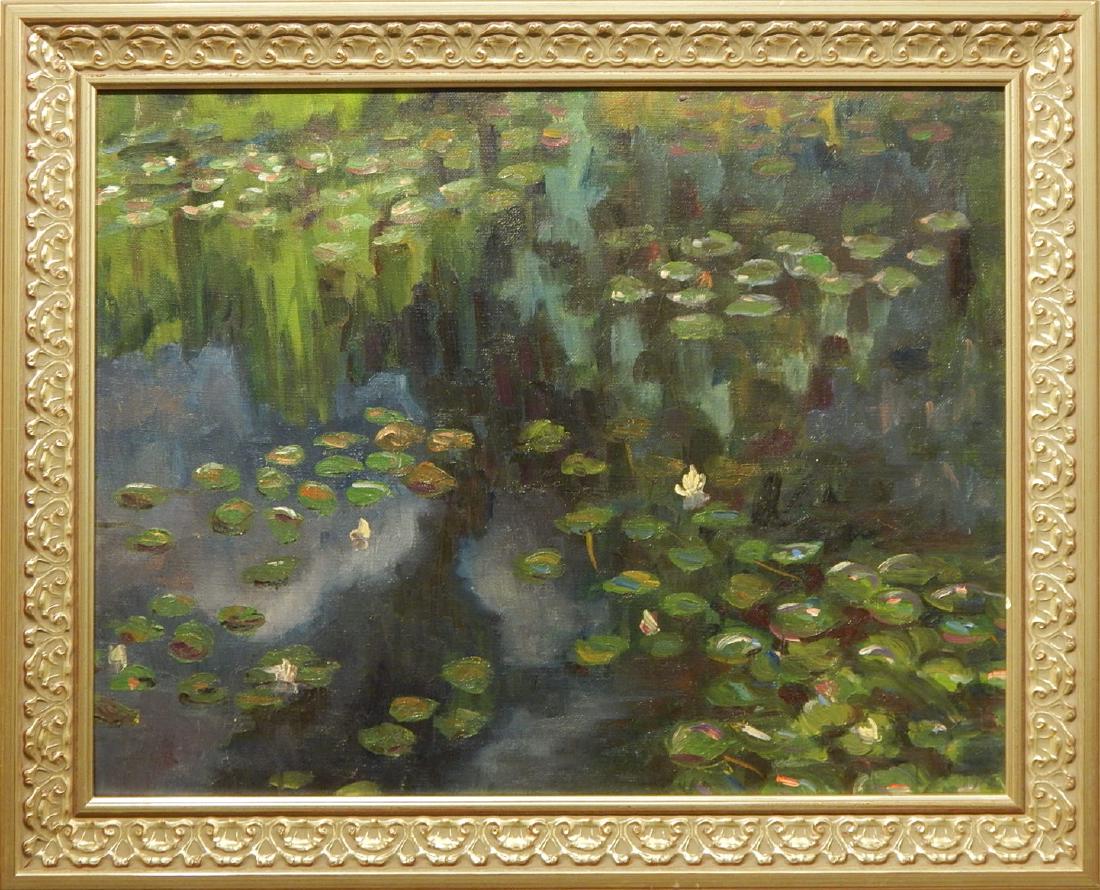 Claude Monet: Water Lillies: Claude Monet (French, 1840-1926) Manner of: Water Lillies. Oil on canvas. Unsigned, framed. Claude Monet was a founder of French Impressionist painting, and the most consistent and prolific practition