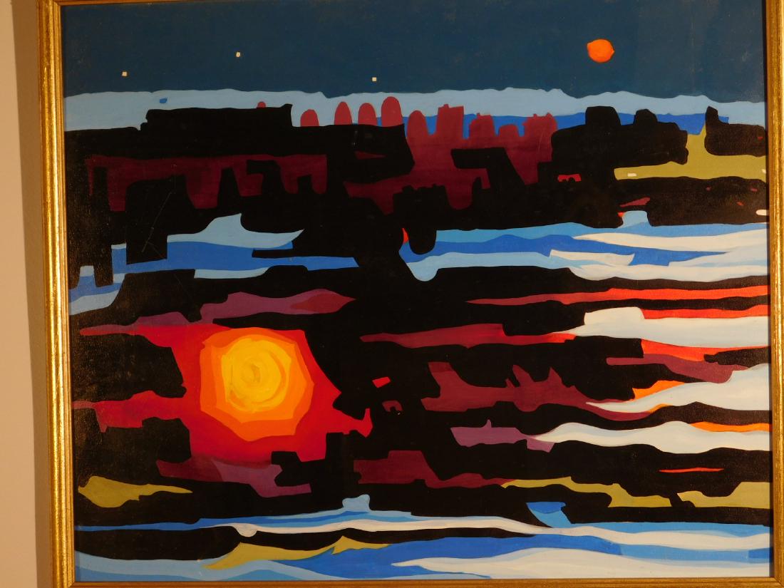 Howard Besnia: Abstract Sunset: Howard Besnia (American, 1921-2014): acrylic on paper, unsigned, framed. Howard Besnia was a prolific painter and printsman, known for his eclectic oeuvre and his handmade books. Beginning as a cartog