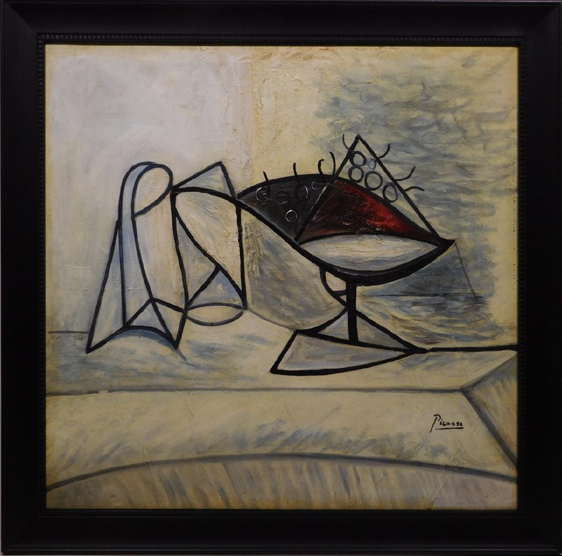 Pablo Picasso: Cubist Still Life: Pablo Picasso (Spanish, 1881-1973) Manner of: Cubist Still Life, Oil on canvas, signed lower right and on reverse with date of '61. Also on reverse, various inscriptions and a wax collection stamp. Di