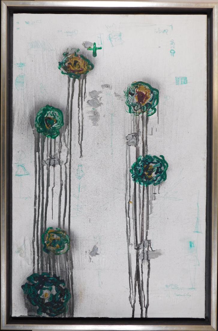 Cy Twombly: Poppies: Cy Twombly (American, 1928-2011) Manner of: Poppies, Oil on canvas, signed and titled lower right. Framed. Cy Twombly was an American painter, sculptor and photographer. Twombly chose to live in Rome 