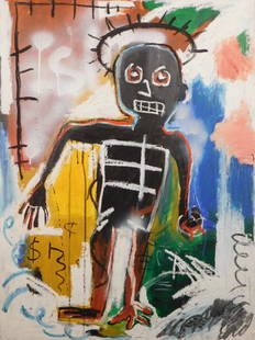 Jean-Michel Basquiat: Crowned Figure on Multicolor: Jean-Michel Basquiat (American, 1960-1988) Attributed: Abstract Composition, Oil on board, signed Jean Michel Basquiat NYC '82 on verso. Jean-Michel Basquiat (American, 1960-1988): Basquiat first achi