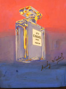 Andy Warhol: Chanel No. 5: Andy Warhol (American, 1928-1987) after: Mixed media (screenprint or ink transfer and acrylic) on rice paper, signed, decorative gallery stamps verso, unframed. Andrew Warhola was an American artist,