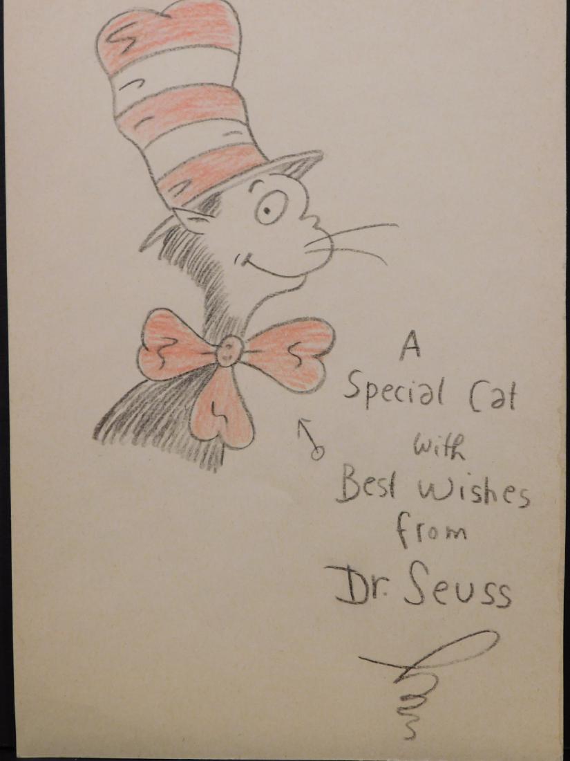 Dr. Seuss: Cat in the Hat Sketch: Dr. Seuss (American, 1904-1991) attributed: colored pencil on paper, signed and inscribed "A special cat with Best Wishes From Dr. Seuss", unframed. Theodor Seuss Geisel was an American author, politi