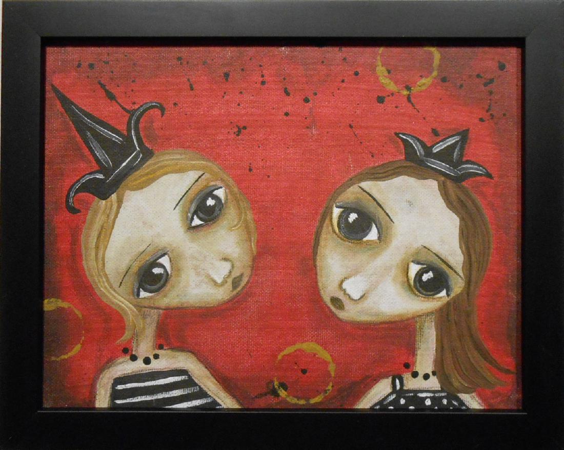 Lori Ann: Two Figures on Red Background: Lori Ann: Oil on board, signed verso Lori Ann, dated 2009, framed. Dimensions: 7.7 x 9.5" board, 9.25 x 11.25" frame