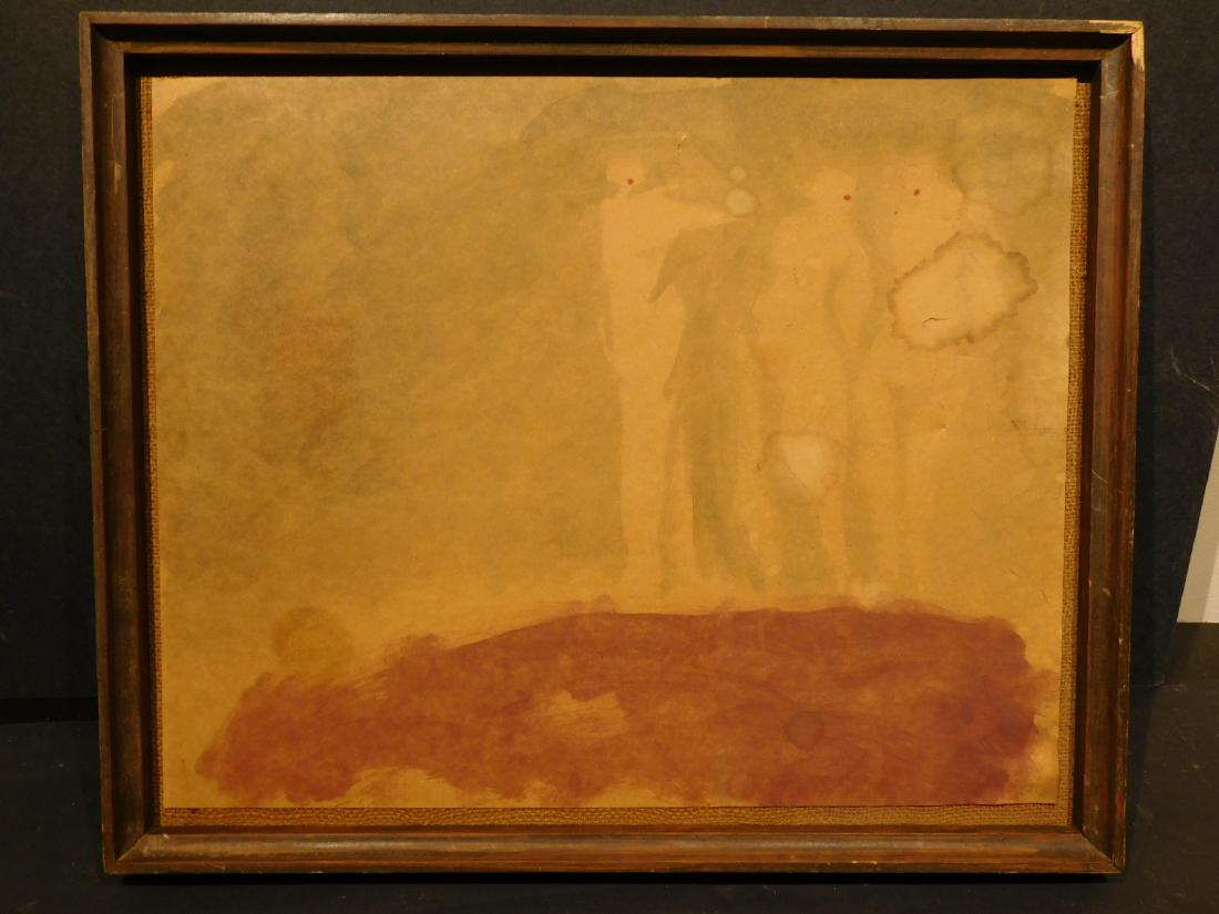 John Thompson: Three Figures on a Beach, 1963: John Thompson (American, 1940- ): oil on paper , unsigned, with identifying information verso, framed. John Thompson is a printmaker and teacher based out of Waltham, MA. He draws inspiritation from s