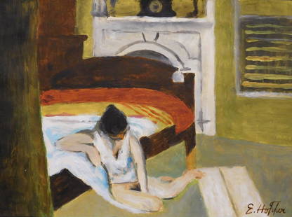 Edward Hopper: Woman in Bedroom Interior: Edward Hopper (American, 1882-1967) Manner of: Woman in Bedroom Interior. Oil on paper, signed lower right, unframed. Graphite notations on reverse.Dimensions: 8 x 11" paperbr>