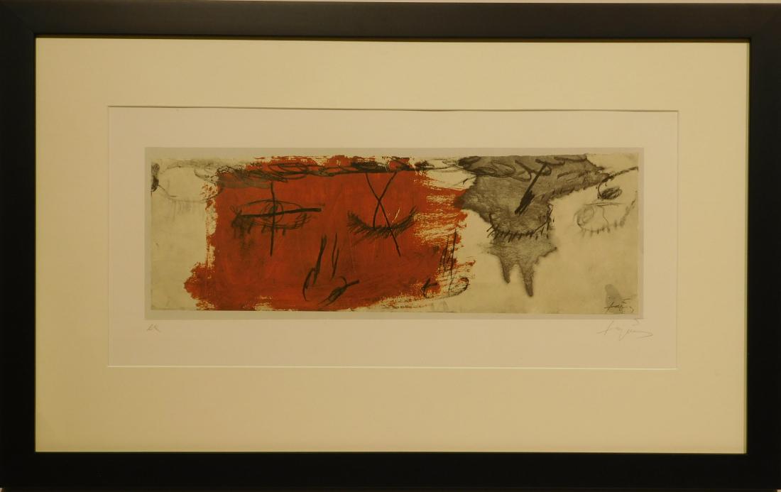 Antonio Tapies Chromo-lithographic Reproduction: Antonio Tapies (Spanish, 1923-2012) attributed: Chromo-lithographic Reproduction, pencil signed and marked EA (Artist's Proof), publisher's stamp verso. Framed Antoni TÃ pies : was a painter, sculpt
