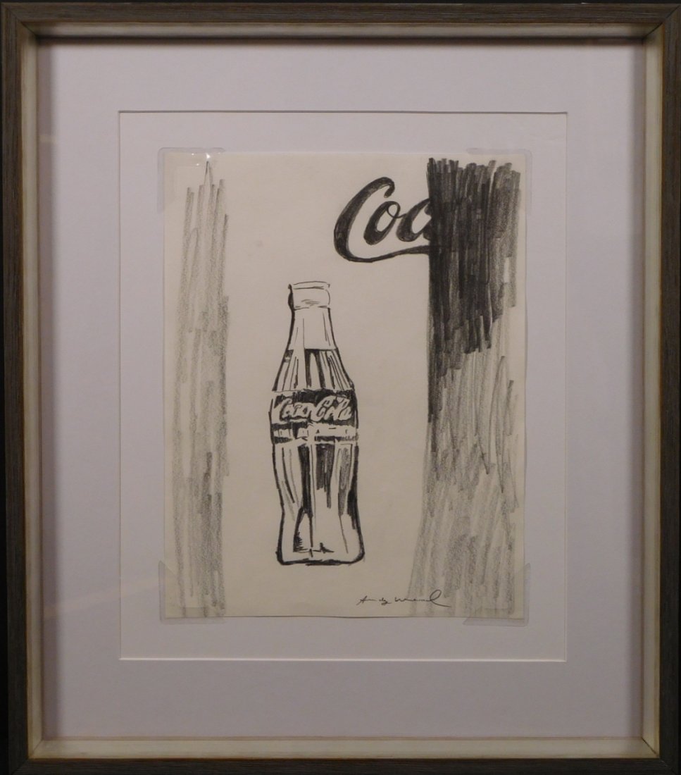 Andy Warhol: Coca Cola Bottle: Andy Warhol (American, 1928-1987) attributed: pencil on paper, signed bottom right and verso, stamped contemporary masters exhibition verso, framed. Andrew Warhola was an American artist, director and